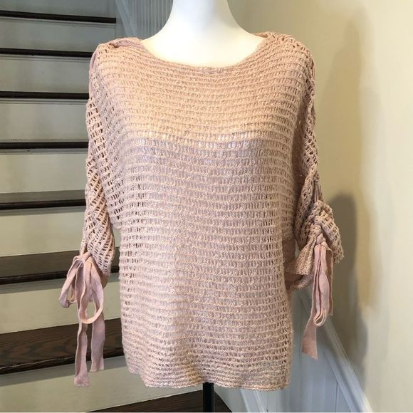 DREAMER Pink Open Knit Lace Up Sleeves With Bows Sz Small - Picture 6 of 12